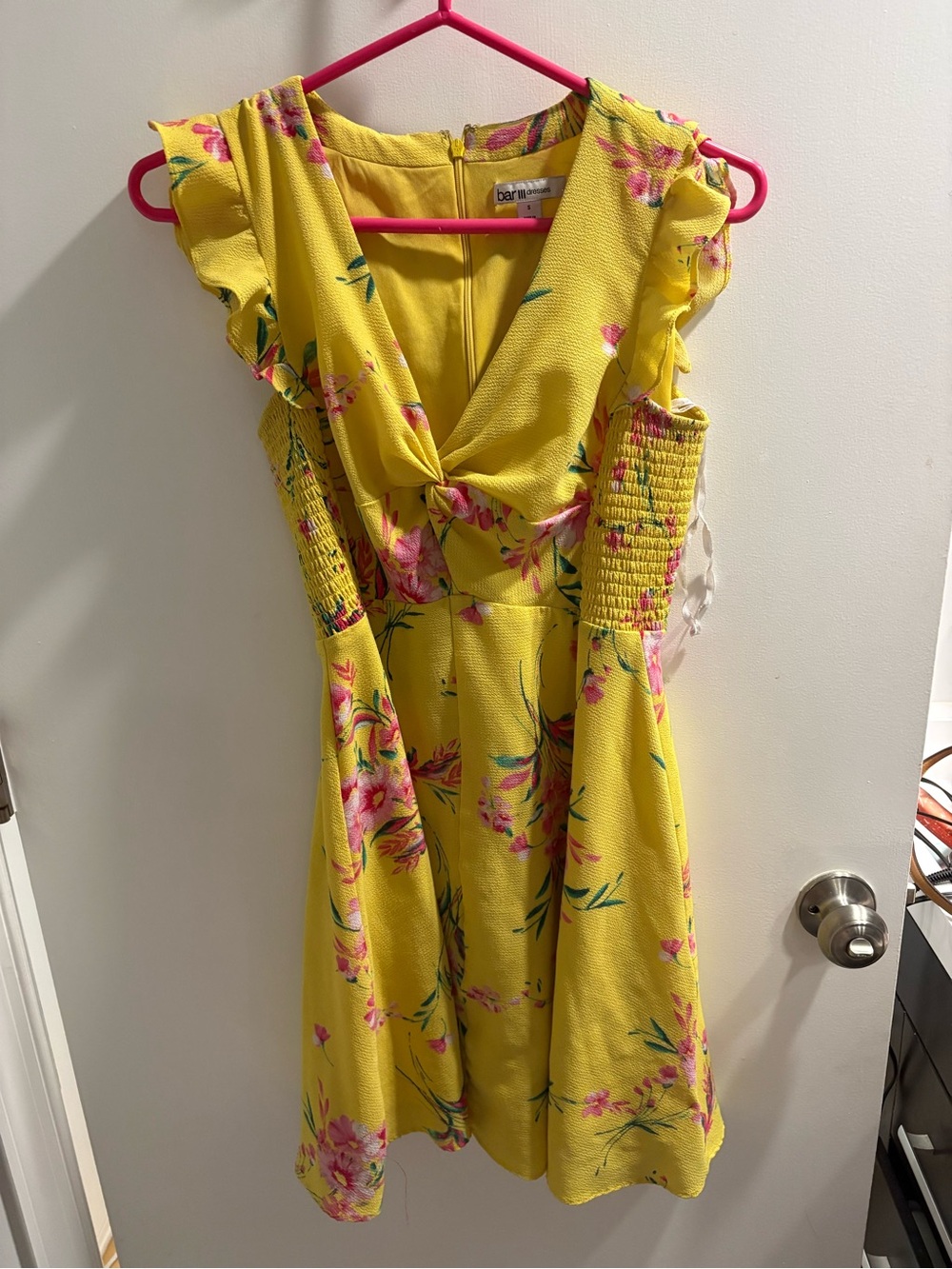 Bar III Yellow Floral V-Neck Dress with Pink & Teal Accents
